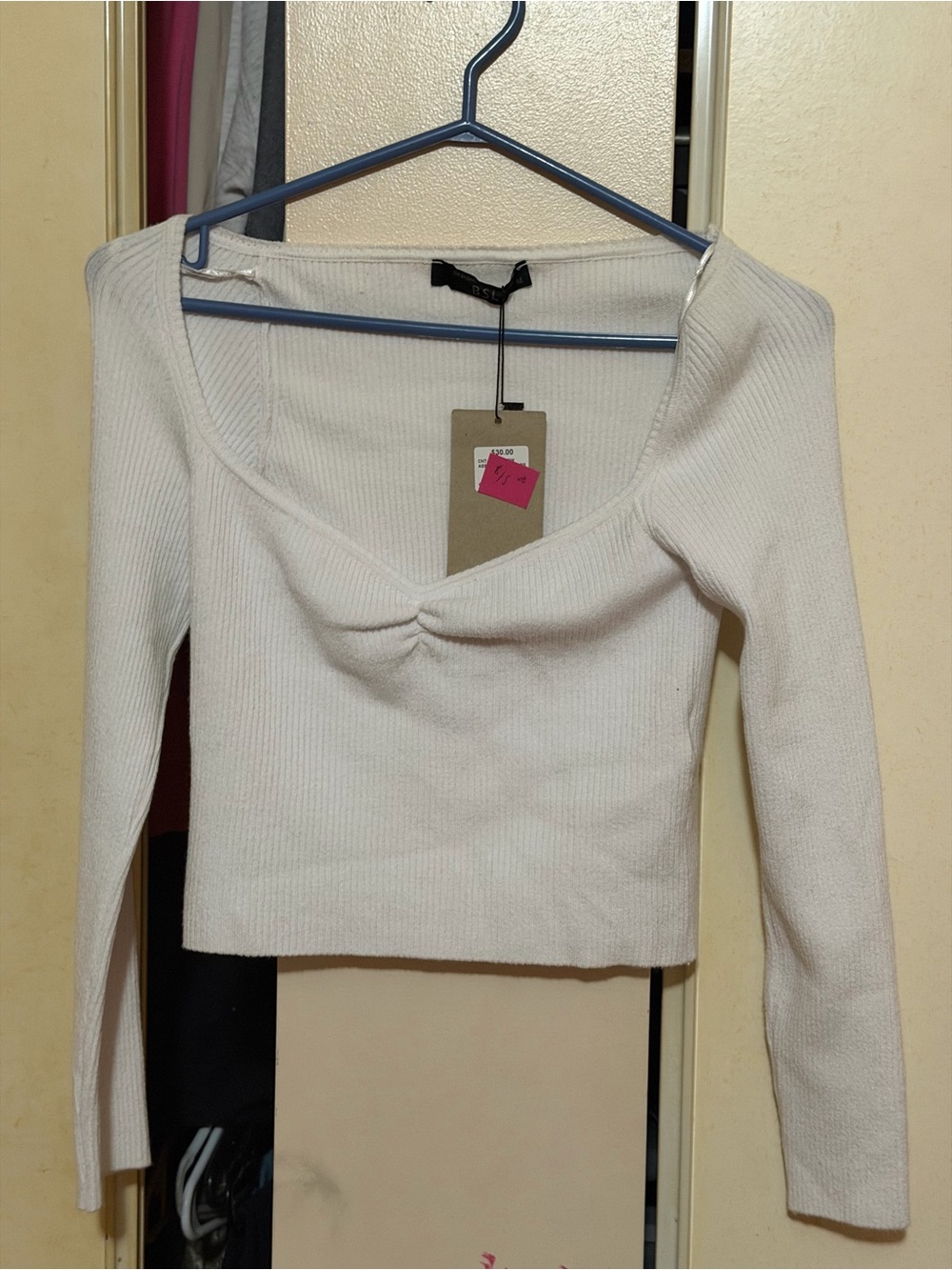 Urban Outfitters Cream Ribbed Sweetheart Long-Sleeve Top